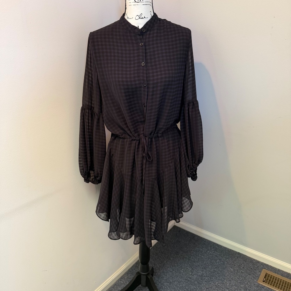 Olivaceous Gingham Button Front Dress Dark Purple Black Bishop Sleeve Medium